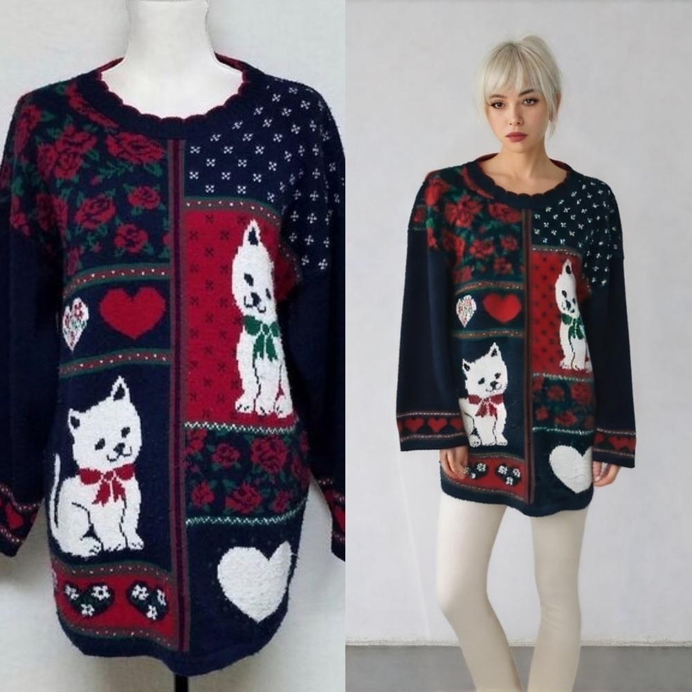 Rare Vintage 1990s Basic Editions Blue Red Kitten Heart Floral Scallop Sweater L